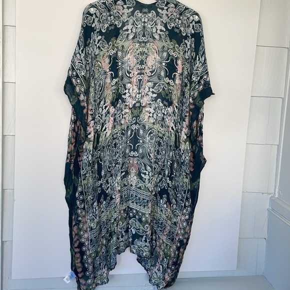 Moss Rose Blue Green Kimono Swim Beach Cover Up Viscose One Size - Picture 10 of 15